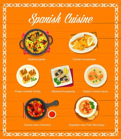 Téléchargez les illustrations : Spanish cuisine menu, food dishes and tapas, Spain meals for lunch and dinner, vector. Spanish restaurant menu of traditional seafood paella and chicken empanadas and potato omelette tortilla - en licence libre de droit