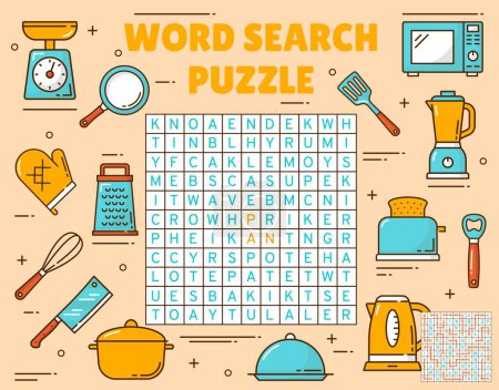 Illustration for Kitchenware and utensil. Word search puzzle game worksheet. Quiz grid. Crossword playing activity, vocabulary puzzle or vector quiz with kitchen scales, kettle, toaster and blander, microwave, grater - Royalty Free Image