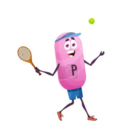 Téléchargez les illustrations : Cartoon vitamin P tennis player character. Isolated vector bioflavonoids capsule sportsman hit ball with racket. Nutrient personage sport competition - en licence libre de droit