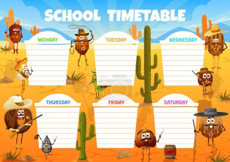 Illustration for Wild west timetable schedule. Cartoon cowboy, bandit and ranger nut characters. School lessons planner, education schedule with peanut, walnut and cashew, coconut, almond and hazelnut, macadamia - Royalty Free Image