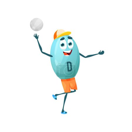 Ilustración de Cartoon vitamin D character playing to volleyball. Isolated vector funny D bubble hitting a ball. Food supplement, nutrient personage playing game, sport exercising - Imagen libre de derechos