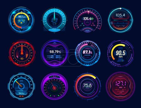 Futuristic car speedometer gauge dials, neon led speed meter, vector dashboard. Digital speedometers, car races interface counters and tachometer indicator or gauge dial panel or loading bars