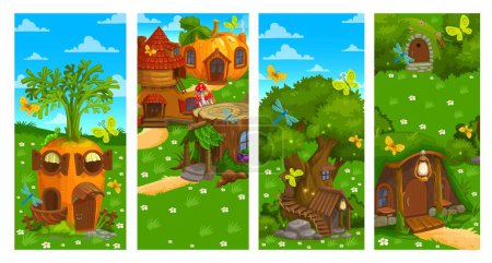 Illustration for Cartoon houses. Game landscape with pixie funny dwelling, level design magic background with fairy creature houses. Game environment vector landscape with shacks, homes in carrot, tree stump and boot - Royalty Free Image