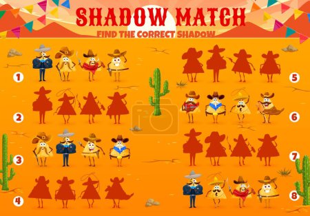 Ilustración de Shadow match game vector worksheet, cowboy, bandit and sheriff mexican nachos characters. Find correct shadow game, puzzle or quiz of kids education with funny cartoon nacho chips, sombrero hats, guns - Imagen libre de derechos