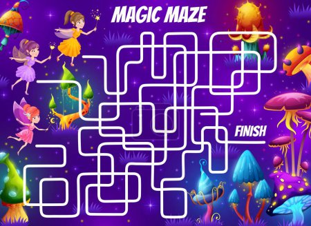Illustration for Labyrinth maze, cartoon fairy in magic mushrooms forest. Kids vector boardgame, worksheet riddle help pixies find correct way in night fantasy wood. Quiz task with tangled path and faerie personages - Royalty Free Image
