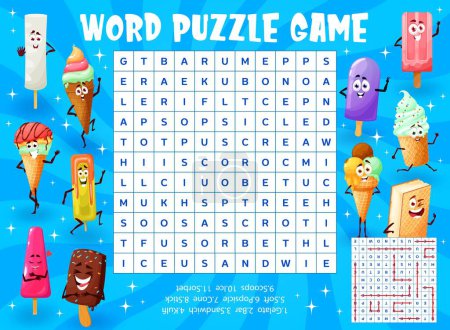 Téléchargez les illustrations : Ice cream dessert characters word search puzzle game vector worksheet. Kids quiz grid or education riddle, word searching game with sweet food personages, cute ice cream cones, gelato, kulfi, sorbet - en licence libre de droit