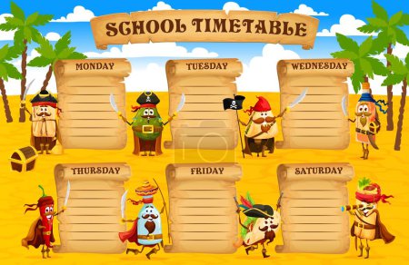 Illustration for School timetable schedule with cartoon mexican food characters. Vector week calendar for children, student classes plan with cute pirate taco, burrito, nacho, chilli and tequila bottle personages - Royalty Free Image