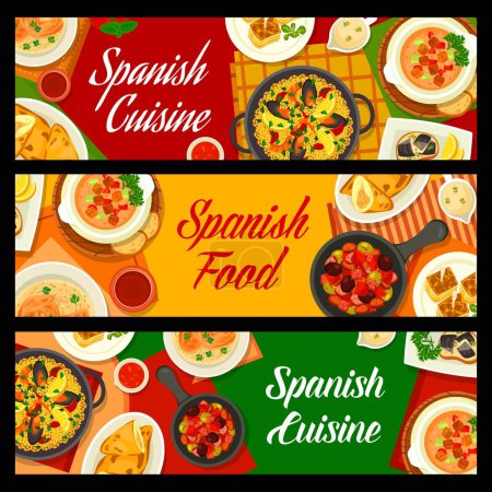 Téléchargez les illustrations : Spanish cuisine banners, food of Spain, dishes and meals for lunch and dinner, vector. Spanish restaurant and tapas bar menu of traditional seafood paella, potato omelet tortilla and chicken empanadas - en licence libre de droit