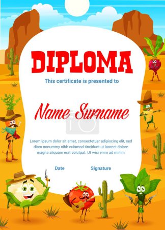 Illustration for Kids diploma, cowboy sheriff, ranger and bandit cartoon vegetable characters, vector education certificate. Kindergarten diploma with Wild West cauliflower cowboy, western spinach or tomato ranger - Royalty Free Image