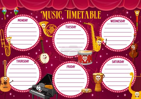 Téléchargez les illustrations : Timetable schedule with cartoon musical instrument characters. School study weekly schedule, education week vector timetable classes daily planner with funny saxophone, piano, violin and guitar, drums - en licence libre de droit
