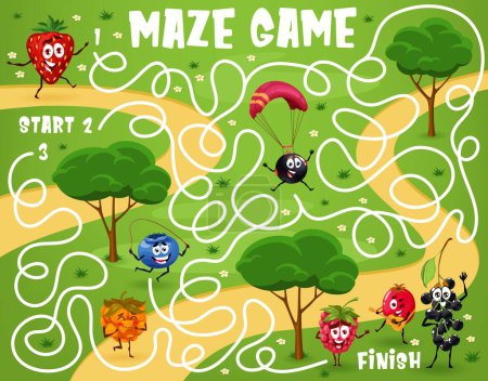 Téléchargez les illustrations : Labyrinth maze game. Cartoon cheerful berry character on summer vacation. Child game or maze with strawberry, bilberry and blueberry, raspberry, honeysuckle. Kids riddle or puzzle vector worksheet - en licence libre de droit