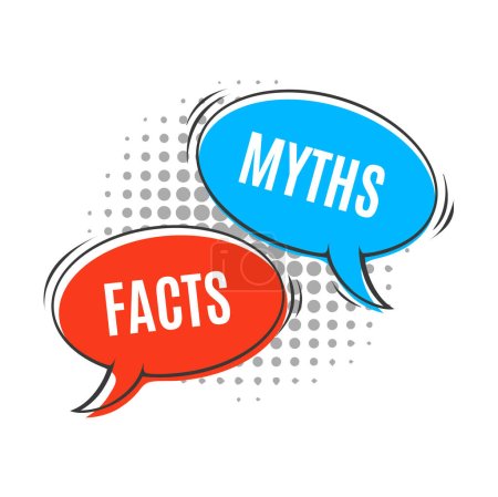 Illustration for Myths vs facts icon, truth and false, fake versus true, fiction opposite reality vector speech bubbles on pop art halftone background. True or false game, fact checking and myth busting quiz badge - Royalty Free Image