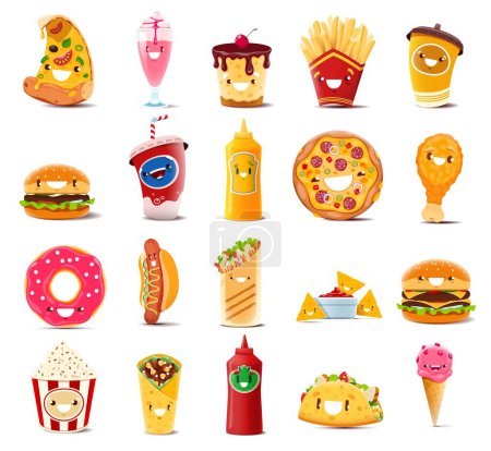 Ilustración de Personajes de comida rápida de dibujos animados. Vector de pizza y helado, papas fritas y taza de café, hamburguesa, cola, mostaza, muslo de pollo o donut. Hot dog and roll, nachos y shawarma, tacos y ketchup - Imagen libre de derechos
