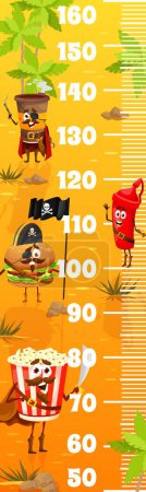 Téléchargez les illustrations : Kids height ruler cartoon pirates fastfood characters on treasure island. Vector growth chart meter with pop corn, burger, ketchup and coffee funny corsair personages. Wall sticker scale for children - en licence libre de droit