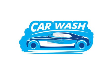 Téléchargez les illustrations : Car wash service, automobile cleaning garage icon. Auto washing, vehicle interior cleaning company or workshop vector icon, blue sticker or graphic symbol with classic muscle car in shampoo foam - en licence libre de droit