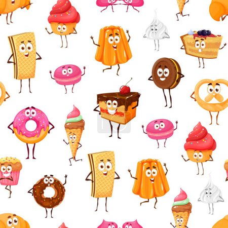 Téléchargez les illustrations : Cartoon desserts and confectionery characters seamless pattern. Fabric print or background with funny cake, cookies and muffin, ice cream, waffles and donut. Pastry sweets personages vector wallpaper - en licence libre de droit
