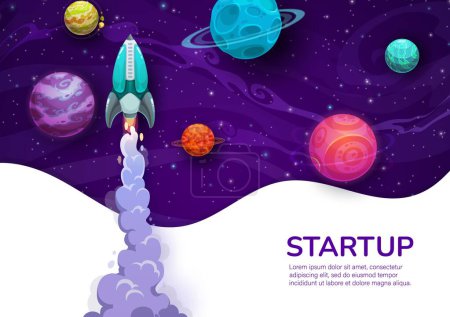 Illustration for Business startup project. Rocketship launch and galaxy space planets. Business project internet site template, startup launch banner or vector background, company web page with starship in space - Royalty Free Image