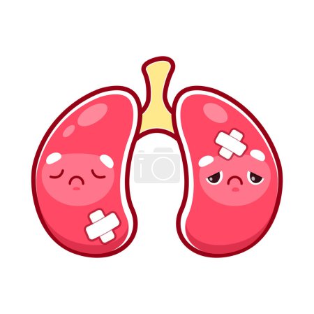 Illustration for Cartoon sick lungs character. Injured and unhealthy human organ. Physiology and health problem, human lungs disease, medical diagnosis or body respiratory system internal organ sick and sad personage - Royalty Free Image
