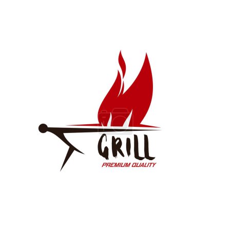 Illustration for BBQ grill icon. Barbeque equipment shop sign, cooking tools store vector emblem or symbol, butchery, bar or restaurant icon with barbeque charcoal grill, red fire flames and grungy typography - Royalty Free Image
