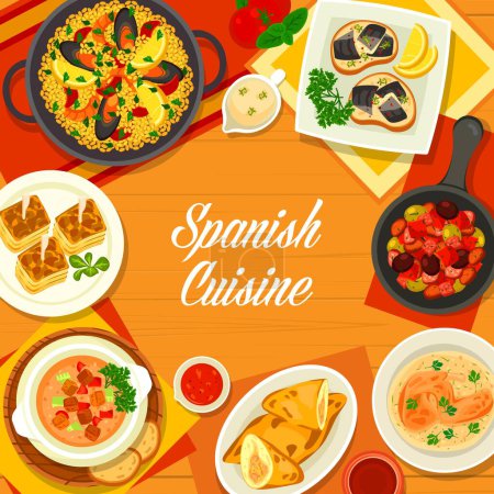 Illustration for Spanish cuisine menu cover with food dishes and meals, vector tapas of Spain. Traditional Spanish restaurant menu with seafood paella and chicken empanadas, rabbit in bread sauce and potato tortilla - Royalty Free Image