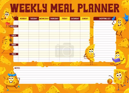 Illustration for Weekly meal planner, cartoon maasdam and gouda cheese characters. Vector timetable, diary template for personal dieting with funny cheesy personages activities. Week food plan organizer blank layout - Royalty Free Image