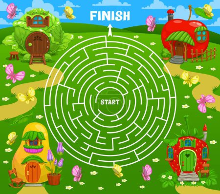 Illustration for Labyrinth maze fairytale magic houses and dwellings. Kids vector board game worksheet with cartoon pear, cabbage, apple and strawberry homes on green field. Boardgame with round path, start and finish - Royalty Free Image