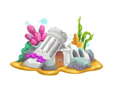 Illustration for Underwater ancient city house building. Vector mermaid dwelling with ruined column, wooden door, arched windows, stones with mysterious signs, corals or seaweeds on ocean bottom. Fantasy architecture - Royalty Free Image