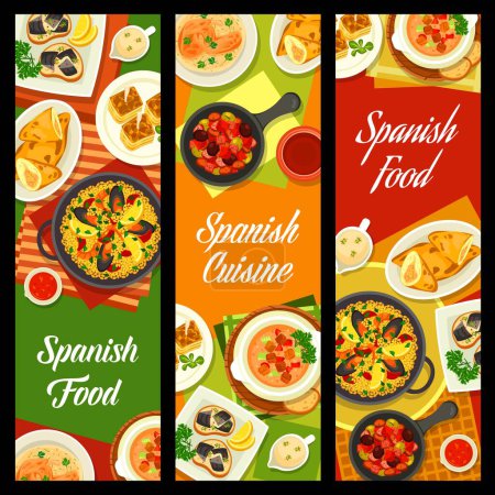 Illustration for Spanish cuisine banners and restaurant menu, food of Spain, lunch or dinner dishes. Spanish cuisine restaurant and bar food menu of traditional paella, tortilla, empanadas and chicken stew chilidron - Royalty Free Image