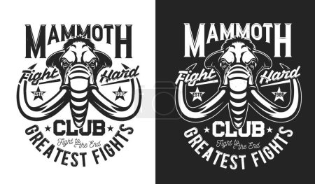 Ilustración de Fighting club t-shirt print with mammoth mascot, martial arts sport team vector emblem. Strong aggressive mammoth animal with tusks, fight club badge for sport club sign with motto slogan - Imagen libre de derechos