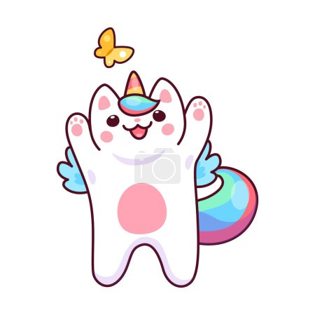 Ilustración de Caticorn character. Fantasy kitten with unicorn horn, wings and rainbow tail, kawaii cat isolated vector funny mascot. Magical creature, fairy caticorn kitten happy personage playing with butterfly - Imagen libre de derechos