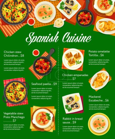 Illustration for Spanish cuisine menu, food of Spain, vector dishes and lunch or dinner and traditional meals. Spanish restaurant and bar menu of traditional paella, tortilla and chicken empanadas with mackerel fish - Royalty Free Image