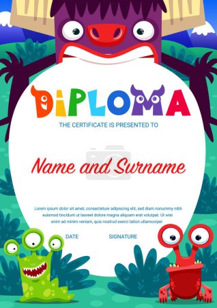 Illustration for Kids diploma cartoon monster characters. Education school vector trophy for winner, first place appreciation or graduation gift. Kindergarten certificate or award frame template with kawaii beasts - Royalty Free Image