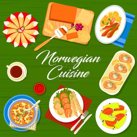 Téléchargez les illustrations : Norwegian cuisine menu cover with Scandinavian food dishes and meals, vector poster. Norway cuisine lunch and dinner food of salmon sandwiches, beef stew kalops and lamb cabbage farikal with pastry - en licence libre de droit