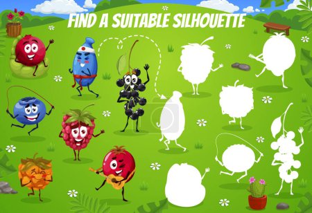 Ilustración de Find a correct silhouette cartoon cheerful berry characters on meadow. Kids shadow match game with cranberry, honeyberry, birds cherry and cloudberry with blueberry or raspberry personages activities - Imagen libre de derechos