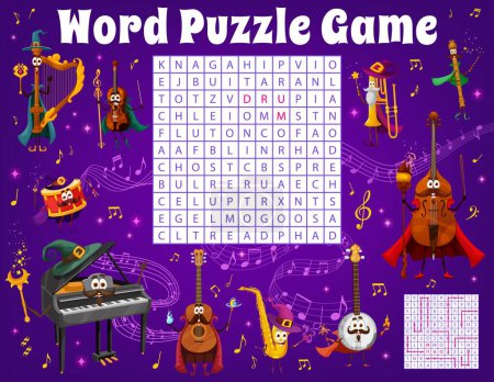 Illustration for Word search puzzle game, wizard and fairy musical instrument characters between music waves and sounds. Kids vector word search worksheet quiz with piano mage, violin warlock and flute magician - Royalty Free Image