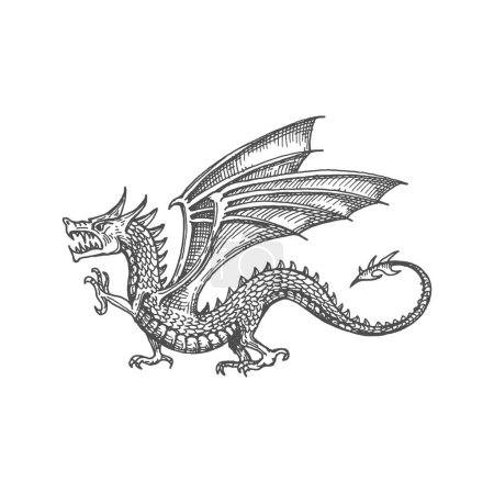 Téléchargez les illustrations : Dragon with wings and sharp tail, chinese magic animal sketch icon. Vector oriental culture legendary creature, dragon mythological monster - en licence libre de droit