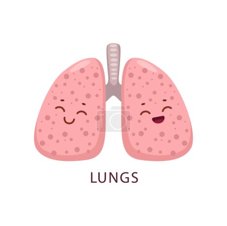 Illustration for Cartoon lungs human body organ character, vector respiratory system health care and anatomy medicine. Happy lungs personage with funny faces, healthy pink lobes, pulmonary alveoli and trachea - Royalty Free Image