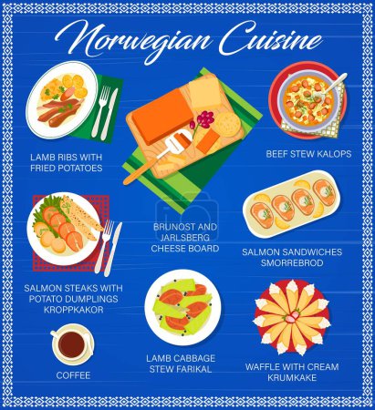 Illustration for Norwegian cuisine menu, food dishes and Scandinavian meals, vector. Norway cuisine restaurant traditional salmon sandwiches smorrebrod, lamb ribs with fried potatos and beef stew kalops - Royalty Free Image