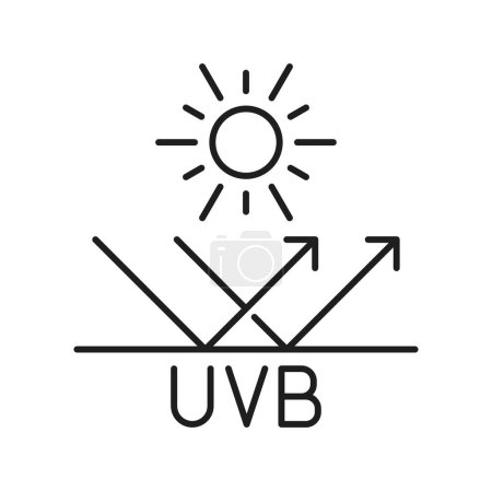Ilustración de UVB luz solar, fuente de radiación UV del sol. Cosméticos bloqueadores solares. Reflejo de rayos UVA y UVB. Vector sol de verano, signo de protección ultravioleta - Imagen libre de derechos