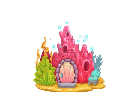 Illustration for Underwater cartoon red coral house building. Vector adorable princess mermaid home, fairy tale dwelling in reef with shell door, chair and seaweeds at front yard on sea bottom. Fantasy architecture - Royalty Free Image