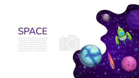 Ilustración de Landing page space, cartoon galaxy space planets and rocket. Vector web banner design with starship flying in Universe with stars, comets and alien planets. Astronomy education, colonization mission - Imagen libre de derechos