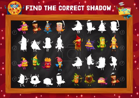 Illustration for Find the correct shadow of fast food characters. Shadow match playing activity, similarity search vector puzzle worksheet with pizza, coffee, popcorn and nachos, burrito, french fries hero personages - Royalty Free Image