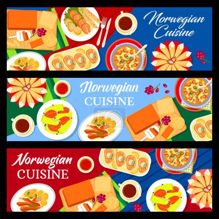 Téléchargez les illustrations : Norwegian cuisine banners, Scandinavian food dishes or lunch and dinner meals, vector. Norway cuisine restaurant dishes of salmon, lamb meat or cabbage stew and pastry waffles with cream krumkake - en licence libre de droit