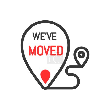 Téléchargez les illustrations : We have moved icon, new address location vector sign for office or house. We moved icon with map location pin point for office and store new place or address change information - en licence libre de droit