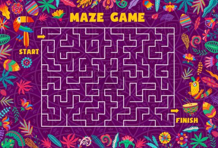 Téléchargez les illustrations : Labyrinth maze game, help brazilian toucan to find exit. Kids worksheet vector template, boardgame with path, start, finish and cartoon alebrije birds characters. Educational children riddle, activity - en licence libre de droit