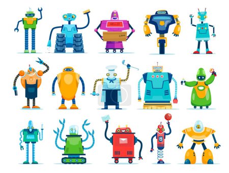 Ilustración de Cartoon robots characters, vector cyborgs and droids with friendly faces. Artificial intelligence isolated androids and humanoids with arms and wheels, smart ai bots technology, comic robot personages - Imagen libre de derechos
