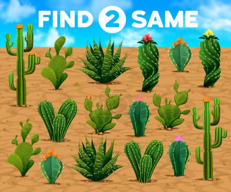 Illustration for Find two same mexican prickly cactus succulents kids game worksheet. Vector educational matching puzzle with cartoon spiked cacti flower in desert. Children riddle, leisure activity, brain teaser quiz - Royalty Free Image