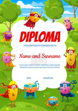 Ilustración de Kids diploma. Cartoon superhero micronutrient vitamin characters on meadow. Child education award, competition winner vector diploma or certificate with K, B3 and N, B6, P, C, vitamin cute personages - Imagen libre de derechos