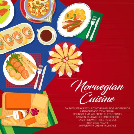 Téléchargez les illustrations : Norwegian cuisine menu cover, food dishes and lunch or dinner meals, vector poster. Norwegian cuisine restaurant salmon sandwiches, beef stew and lamb with potatoes cabbage and meat stew with pastry - en licence libre de droit
