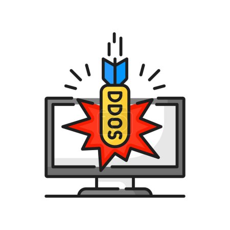 Illustration for Distributed ddos attack by rocket vector line icon, cloud computing and web hosting services. Computer screen machine hacking attempt design - Royalty Free Image